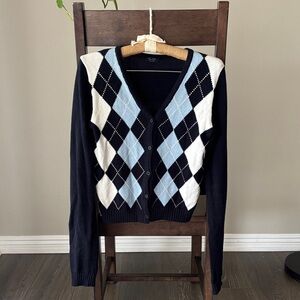 John Galt Brandy Melville Blue 100% Cotton Argyle Knit Cardigan